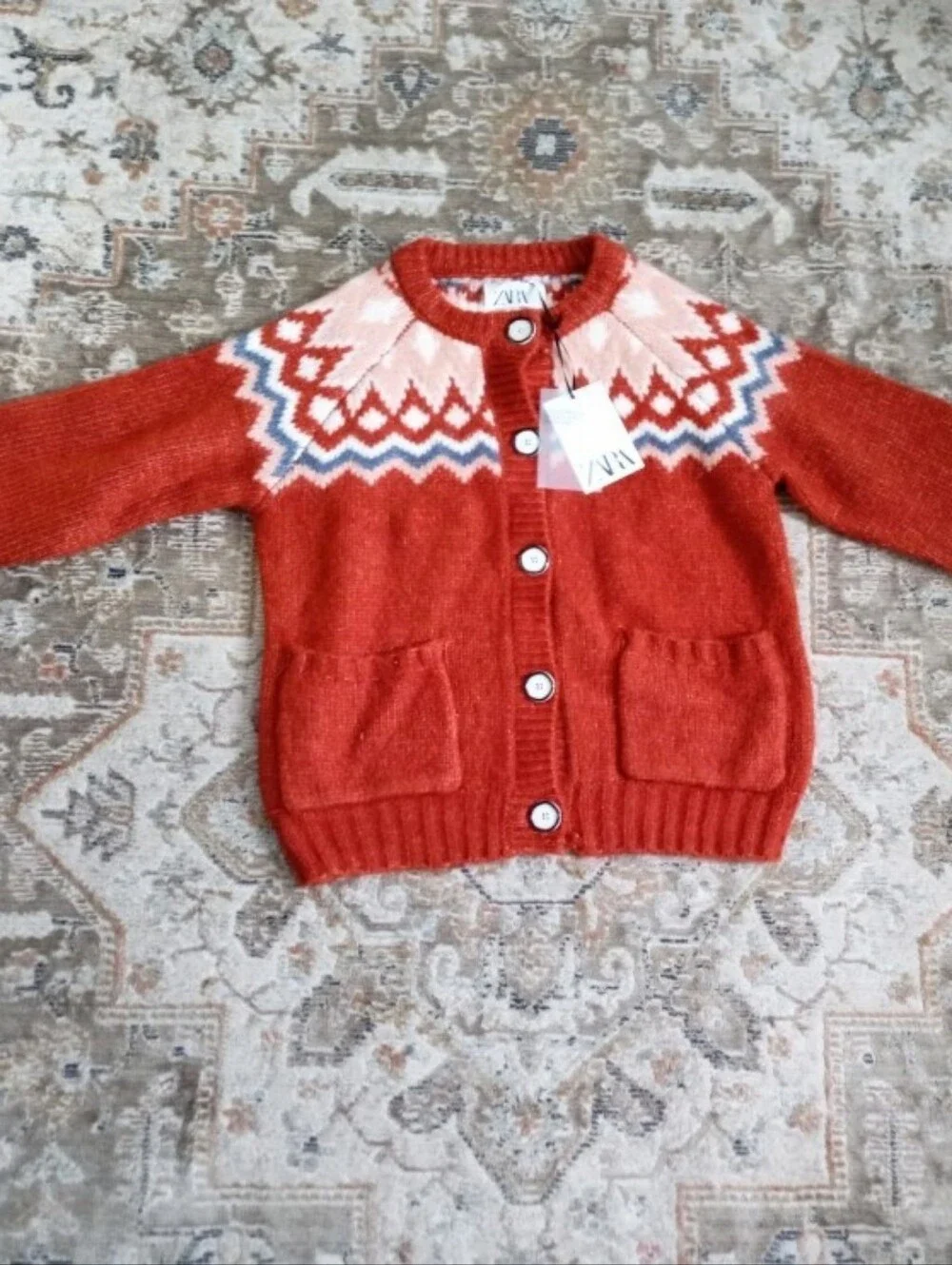 Zara limited edition knit Fair Isle rust red/orange cardigan sweater